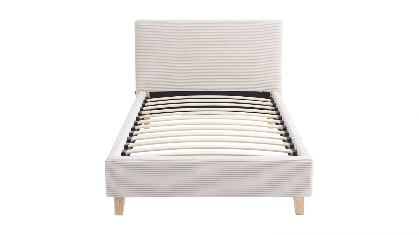 Lit adulte 90x190 cm avec tête de lit capitonnée en velours côtelé beige - Milo