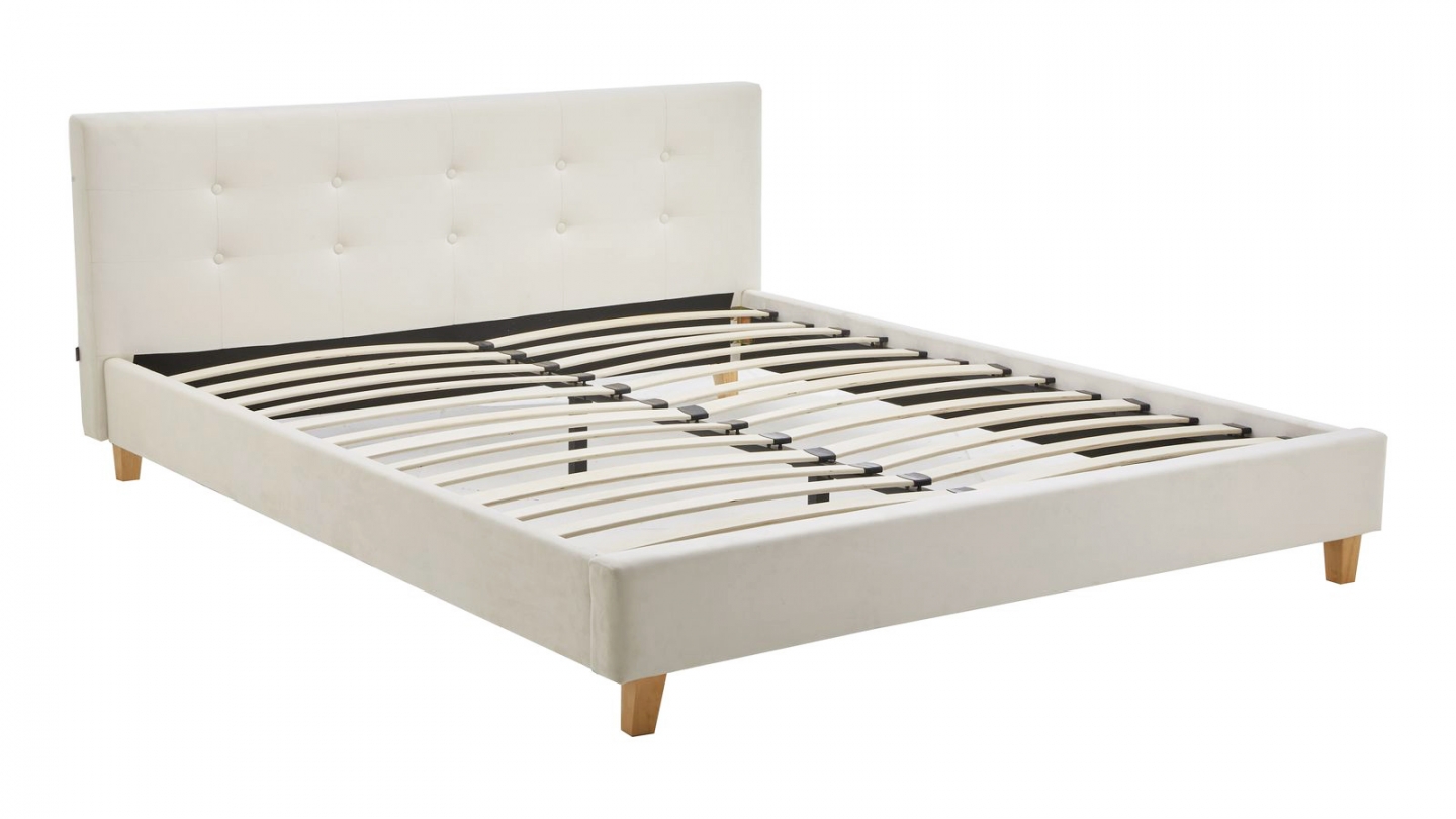 Lit adulte 160x200 cm avec tête de lit capitonnée en velours beige - Milo