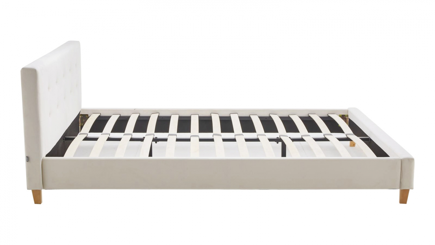 Lit adulte 160x200 cm avec tête de lit capitonnée en velours beige - Milo