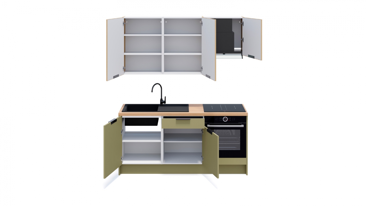 Ensemble de 6 meubles de cuisine - L. 185 cm - vert olive et chêne clair cannelé - Luzia Signature