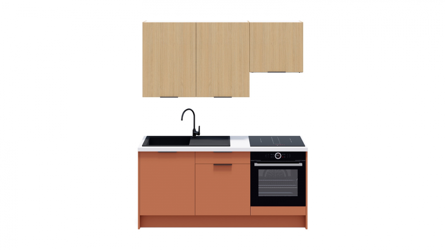 Ensemble de 6 meubles de cuisine - L. 185 cm - terracotta et chêne clair cannelé - Luzia Signature