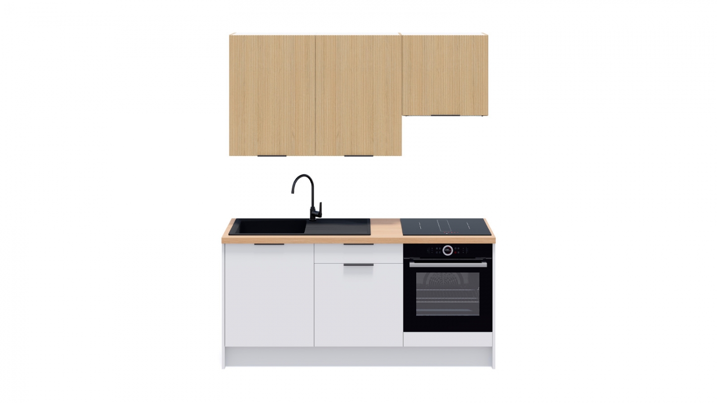 Ensemble de 6 meubles de cuisine - L. 185 cm - blanc et chêne clair cannelé - Cannele