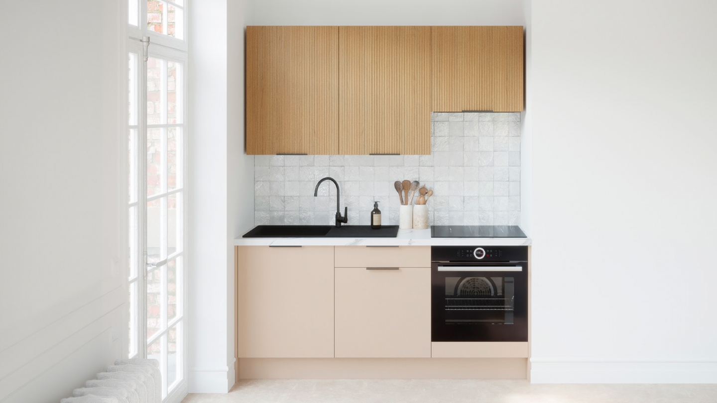 Ensemble de 6 meubles de cuisine - L. 185 cm - beige cachemire et chêne clair cannelé - Luzia Signature
