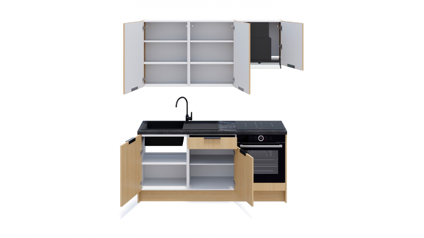 Ensemble de 6 meubles de cuisine - L. 185 cm - chêne clair et chêne clair cannelé - Luzia Signature