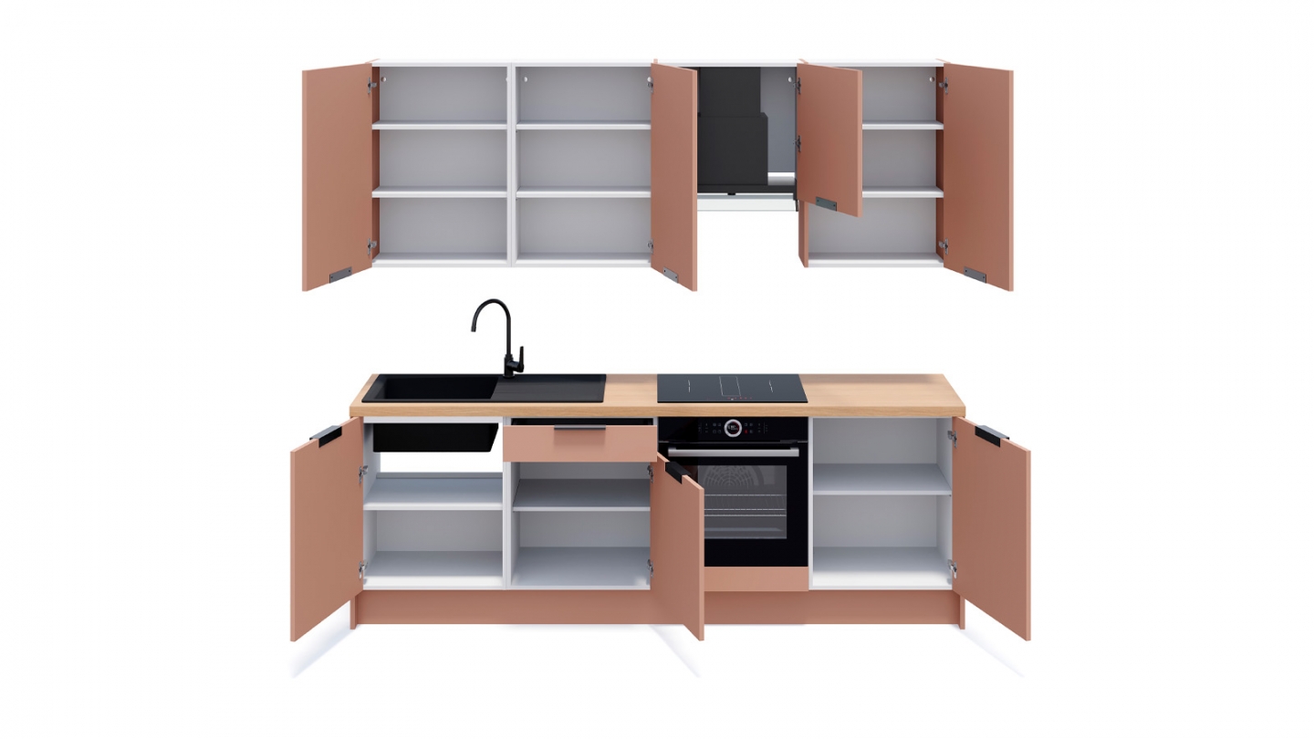 Ensemble de 8 meubles de cuisine - L. 245 cm - abricot - Luzia