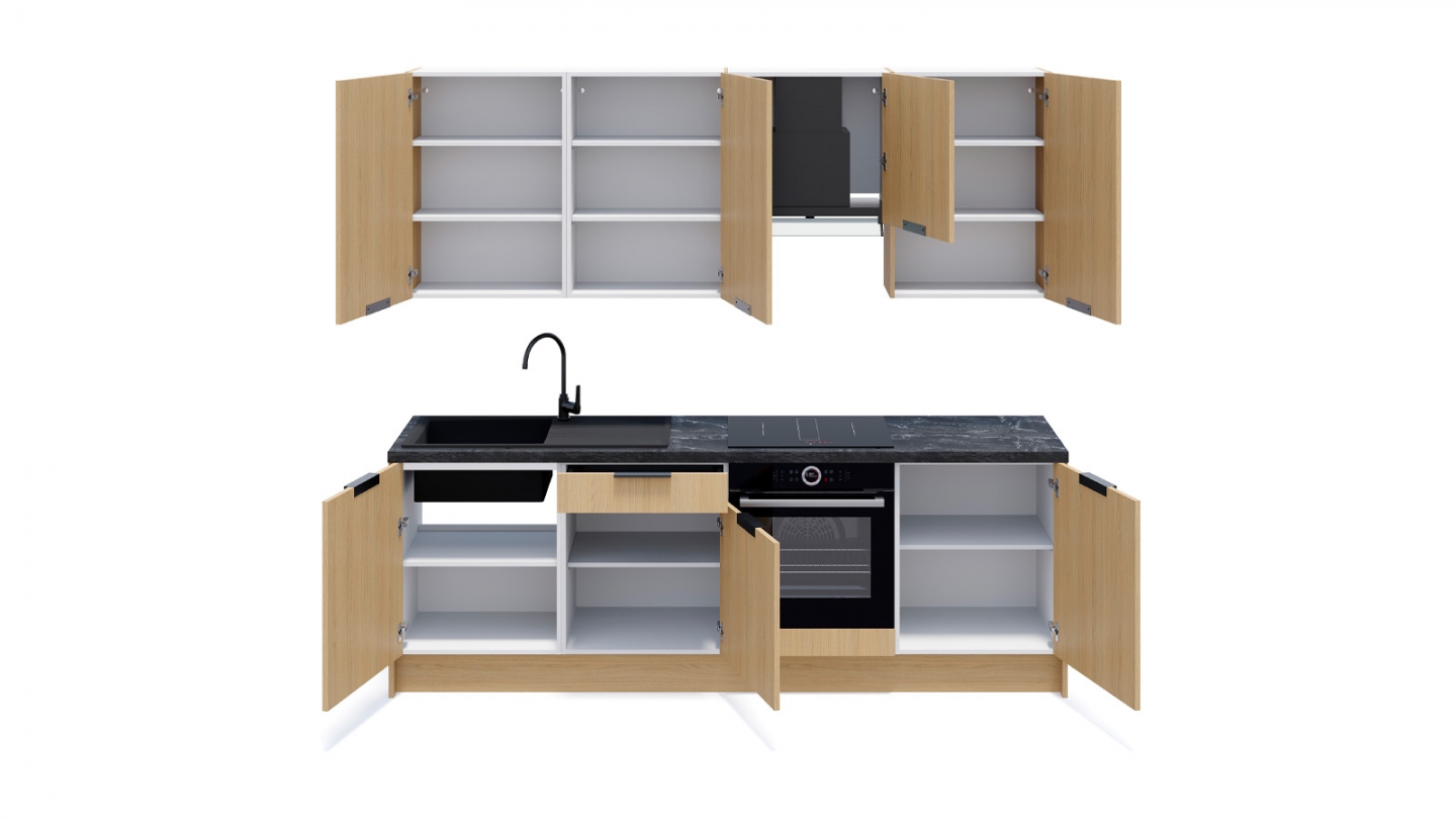 Ensemble de 8 meubles de cuisine - L. 245 cm - chêne clair - Sierra