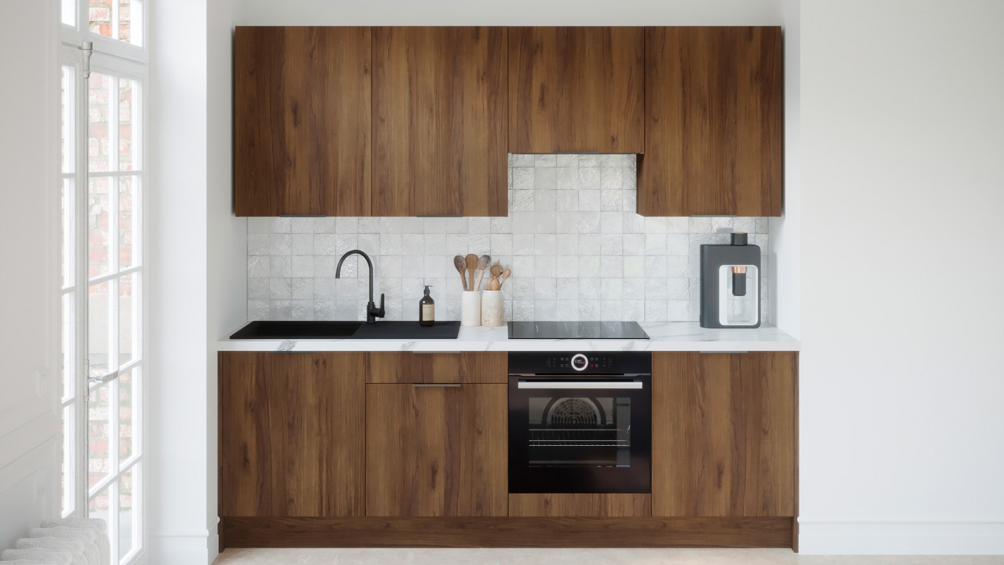 Ensemble de 8 meubles de cuisine - L. 245 cm - noyer brun - Sierra