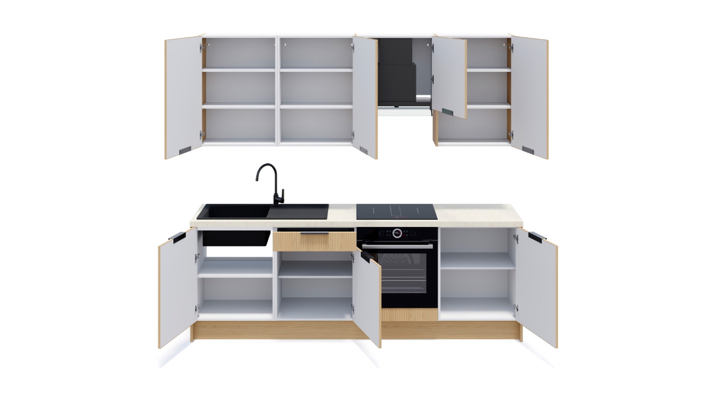 Ensemble de 8 meubles de cuisine - L. 245 cm - chêne clair cannelé - Cannele