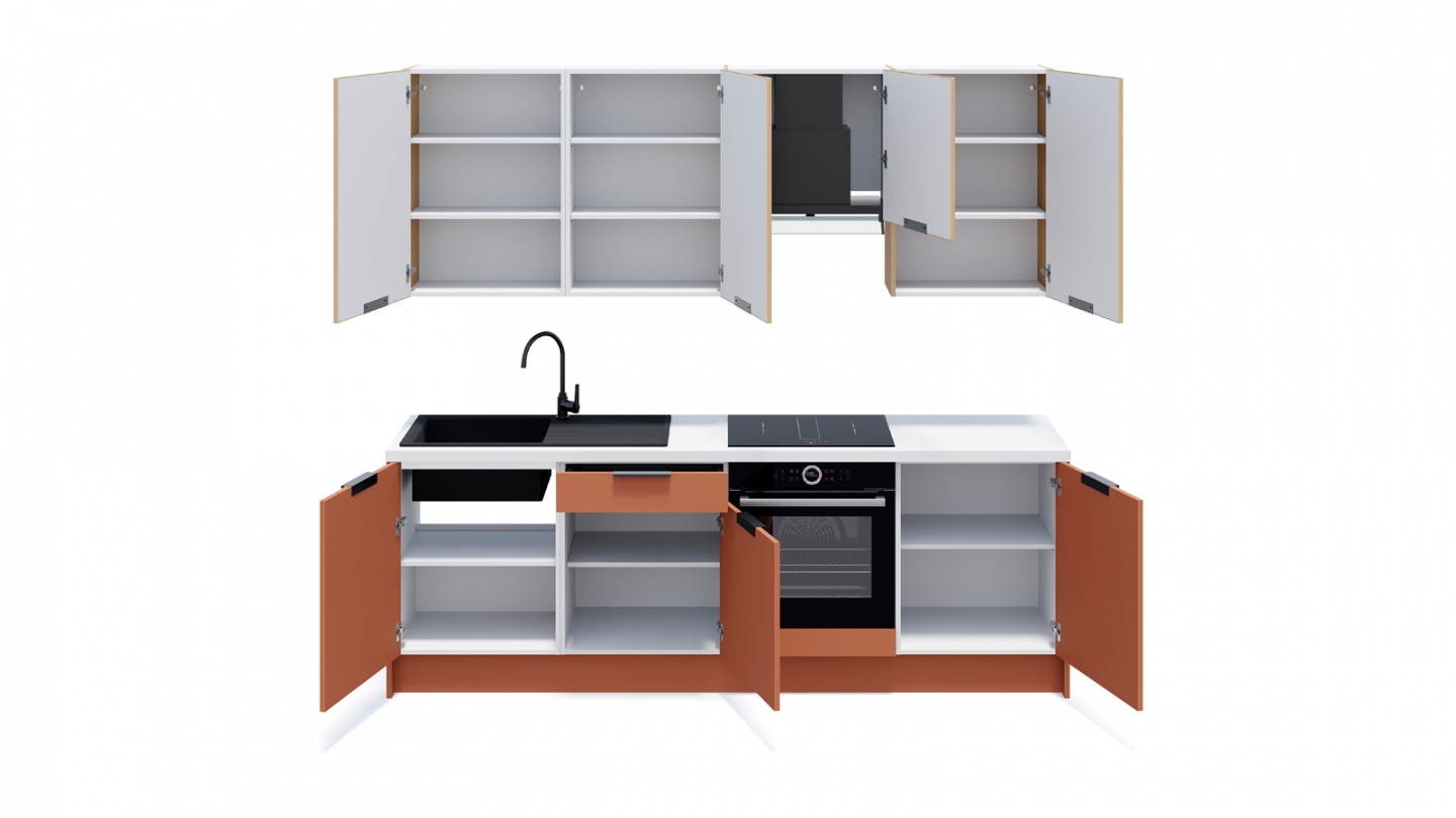 Ensemble de 8 meubles de cuisine - L. 245 cm - terracotta et chêne clair cannelé - Luzia Signature