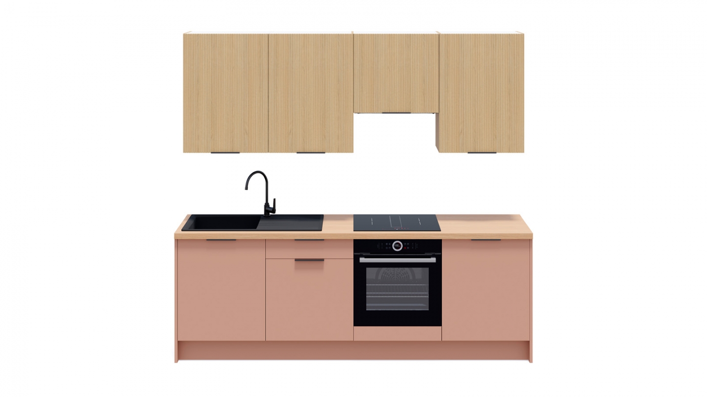 Ensemble de 8 meubles de cuisine - L. 245 cm - abricot et chêne clair cannelé - Luzia Signature