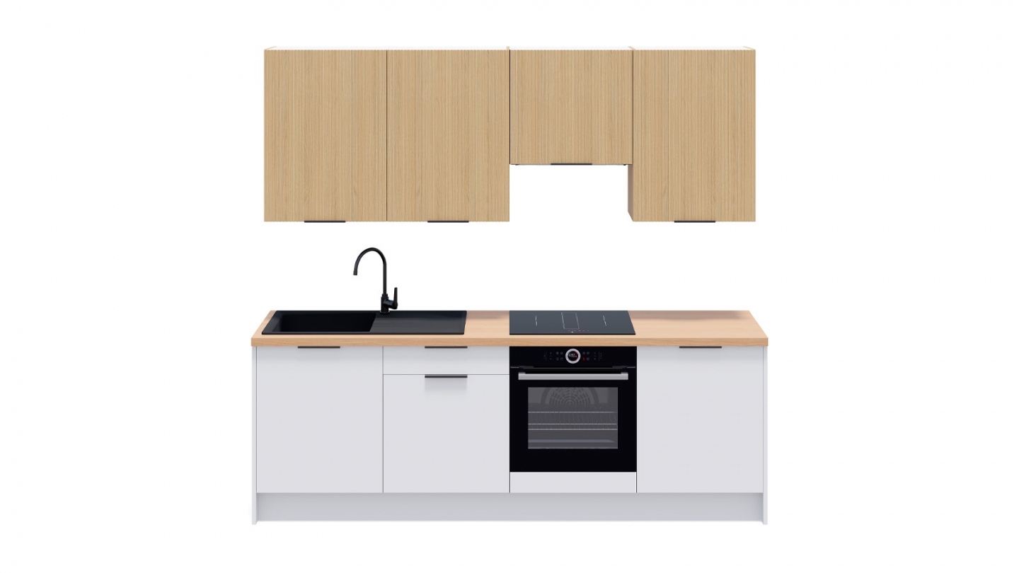 Ensemble de 8 meubles de cuisine - L. 245 cm - blanc et chêne clair cannelé - Cannele