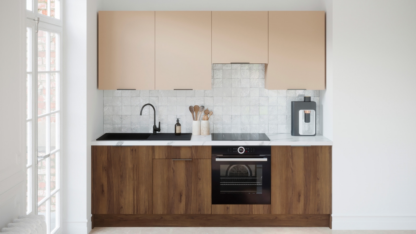 Ensemble de 8 meubles de cuisine - L. 245 cm - noyer brun et cachemire - Sierra Signature