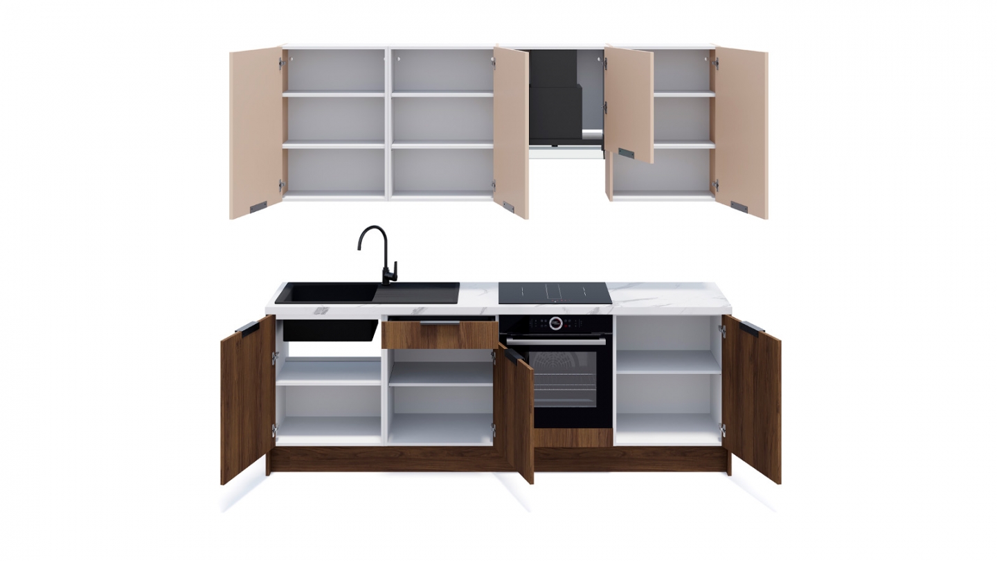 Ensemble de 8 meubles de cuisine - L. 245 cm - noyer brun et cachemire - Sierra Signature