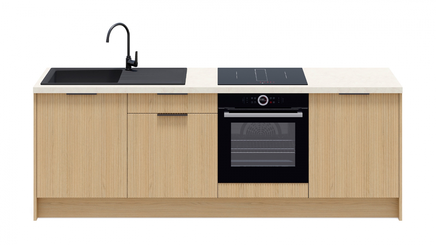 Meubles bas de cuisine - L. 245 cm - chêne clair cannelé - Cannele