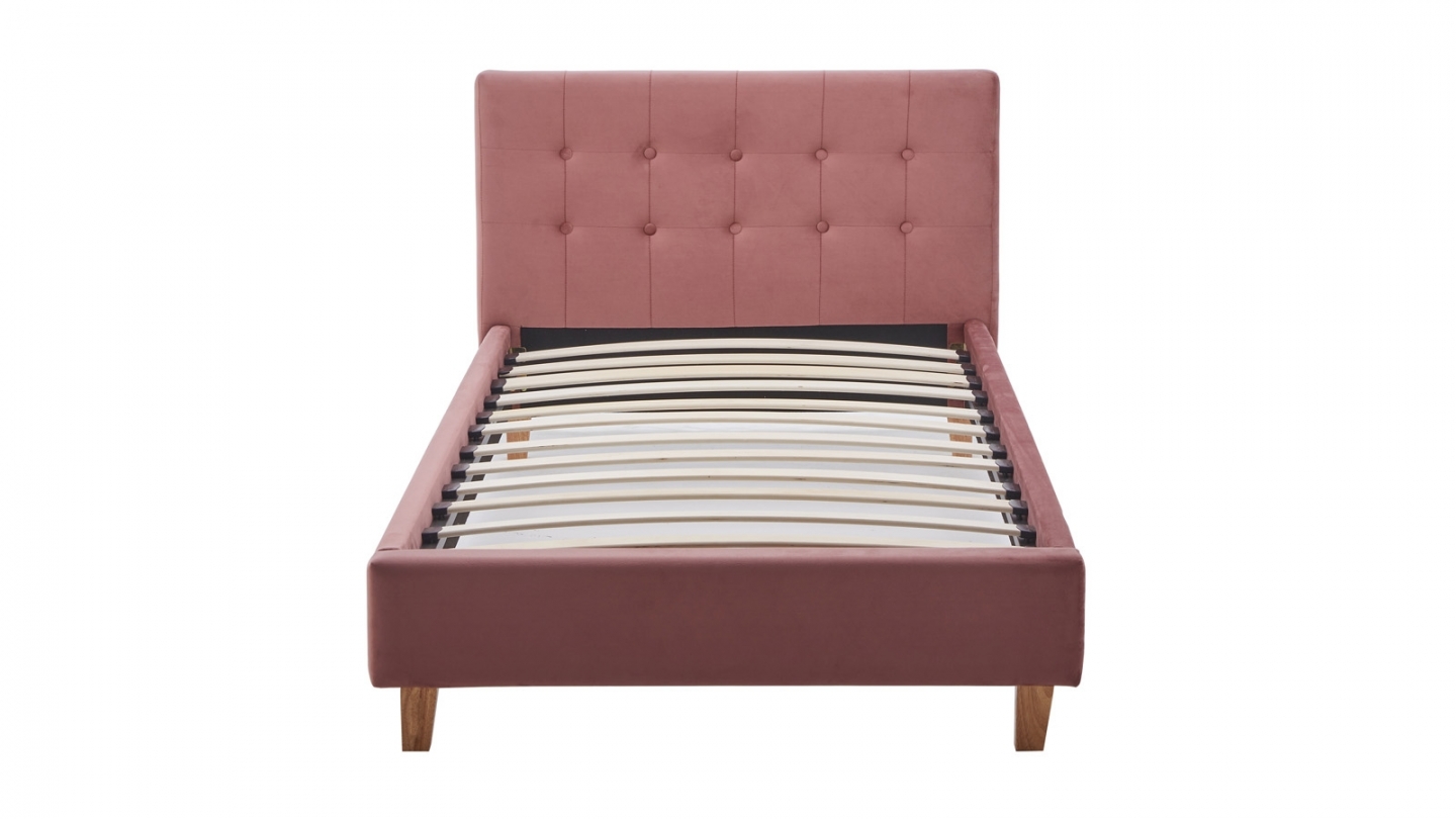 Ensemble Lit adulte 90x190cm avec tête de lit en velours vieux rose - Milo + Matelas mémoire de forme - Memo HR