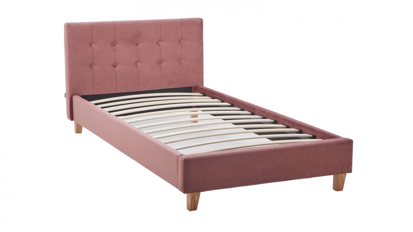 Ensemble Lit adulte 90x190cm avec tête de lit en velours vieux rose - Milo + Matelas mémoire de forme - Memo HR