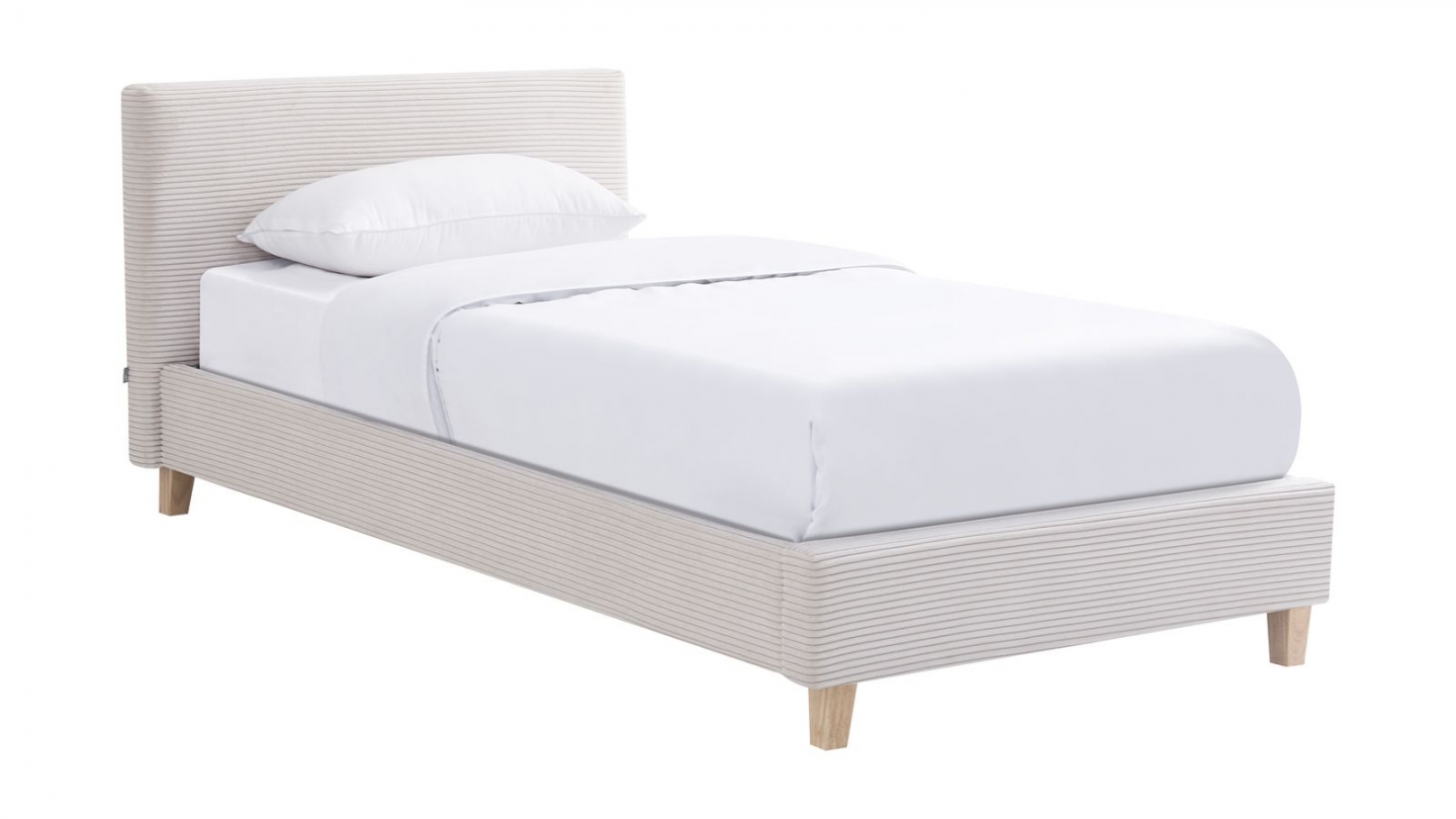 Ensemble Lit adulte 90x190cm avec tête de lit en velours côtelé beige - Milo + Matelas mémoire de forme - Memo HR