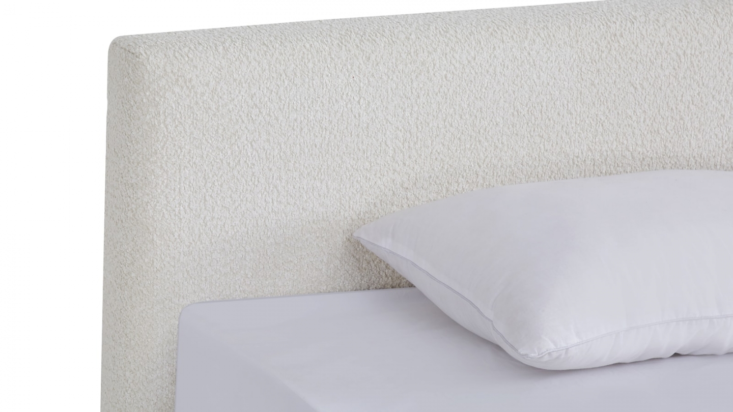 Ensemble Lit adulte 90x190cm avec tête de lit en tissu bouclé beige - Milo + Matelas mémoire de forme - Memo HR