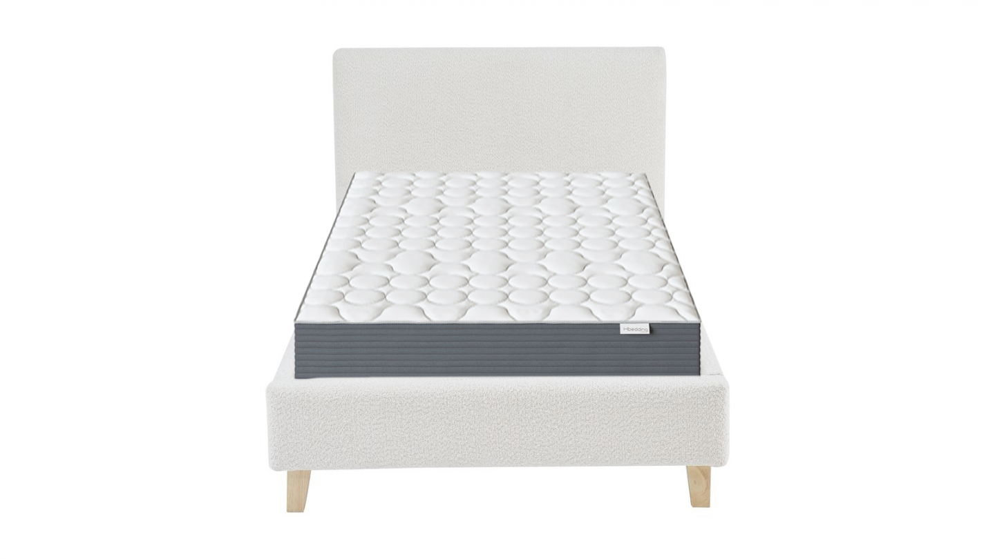 Ensemble Lit adulte 90x190cm avec tête de lit en tissu bouclé beige - Milo + Matelas mémoire de forme - Memo HR