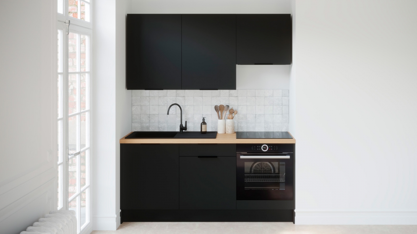 Ensemble de 6 meubles de cuisine - L. 185 cm - noir - Luzia