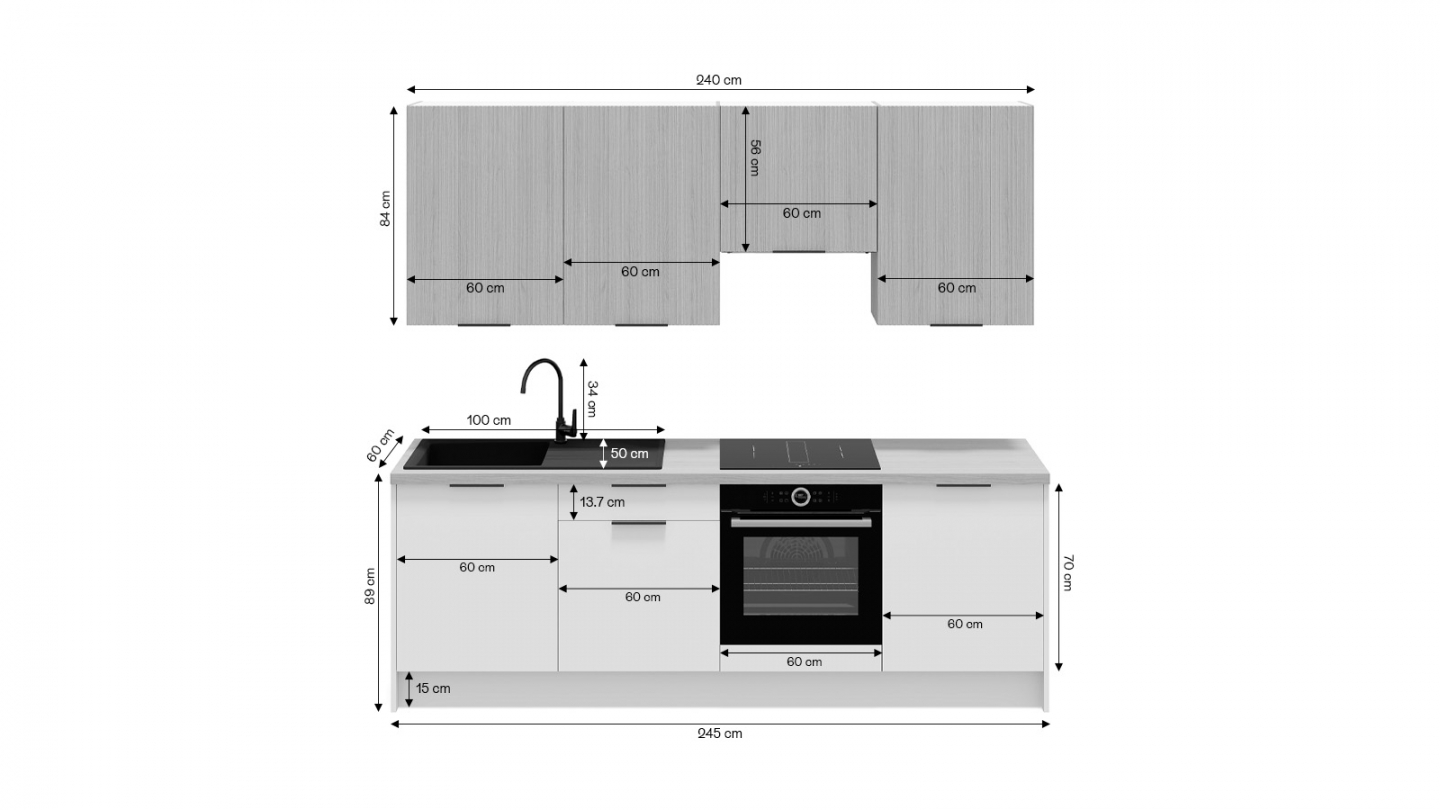 Ensemble de 8 meubles de cuisine - L. 245 cm - bleu marine et chêne clair cannelé - Luzia Signature