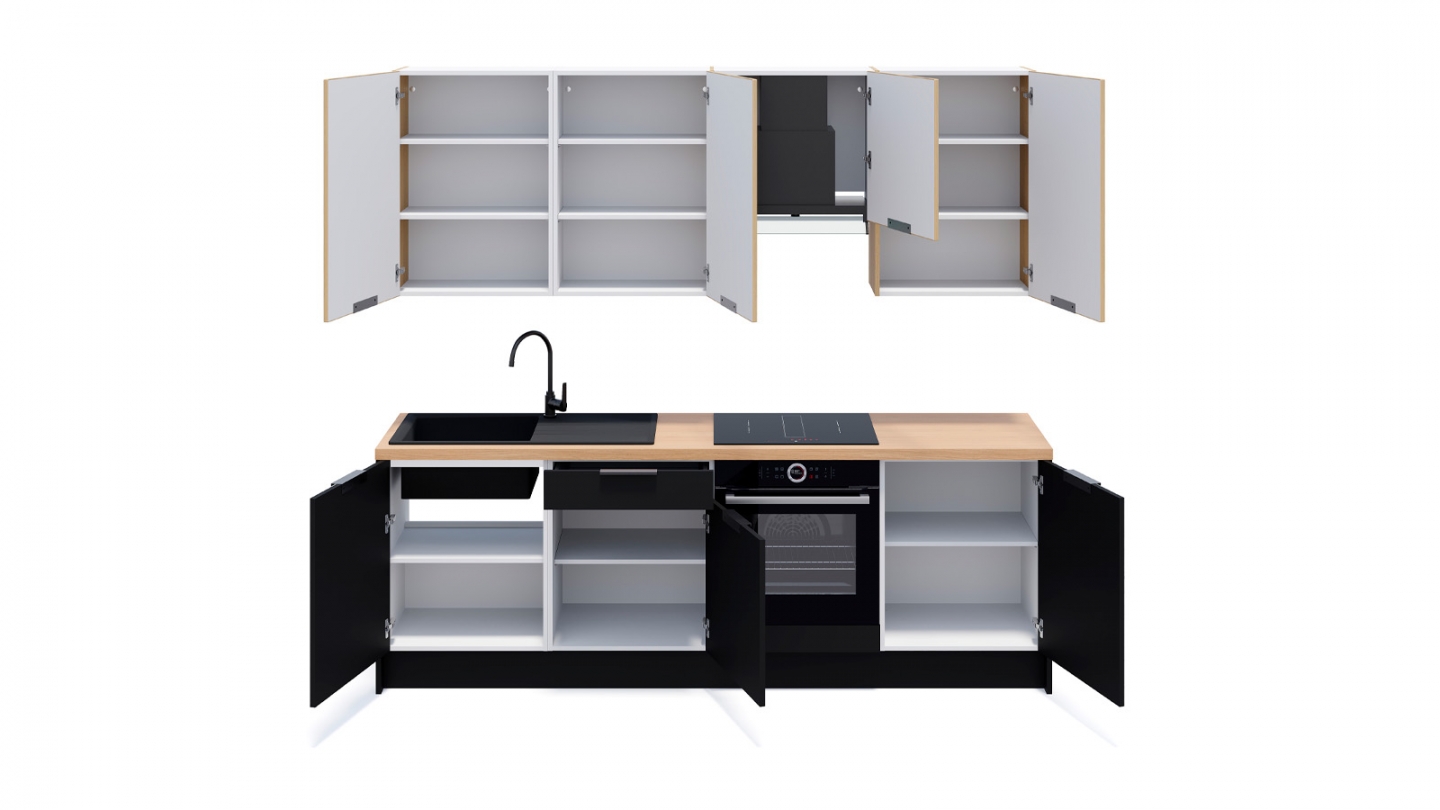 Ensemble de 8 meubles de cuisine - L. 245 cm - noir et chêne clair cannelé - Luzia Signature