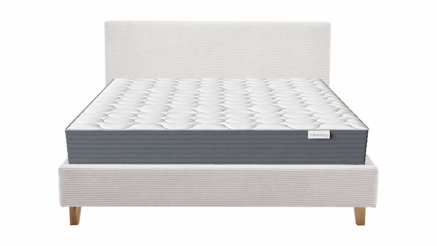 Ensemble Lit adulte 140x190cm avec tête de lit en velours côtelé beige - Milo + Matelas mémoire de forme - Memo HR