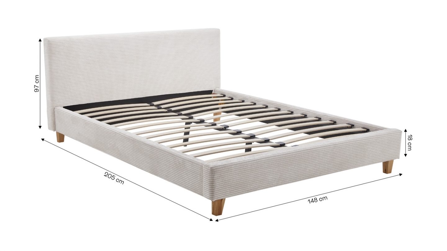 Ensemble Lit adulte 140x190cm avec tête de lit en velours côtelé beige - Milo + Matelas mémoire de forme - Memo HR