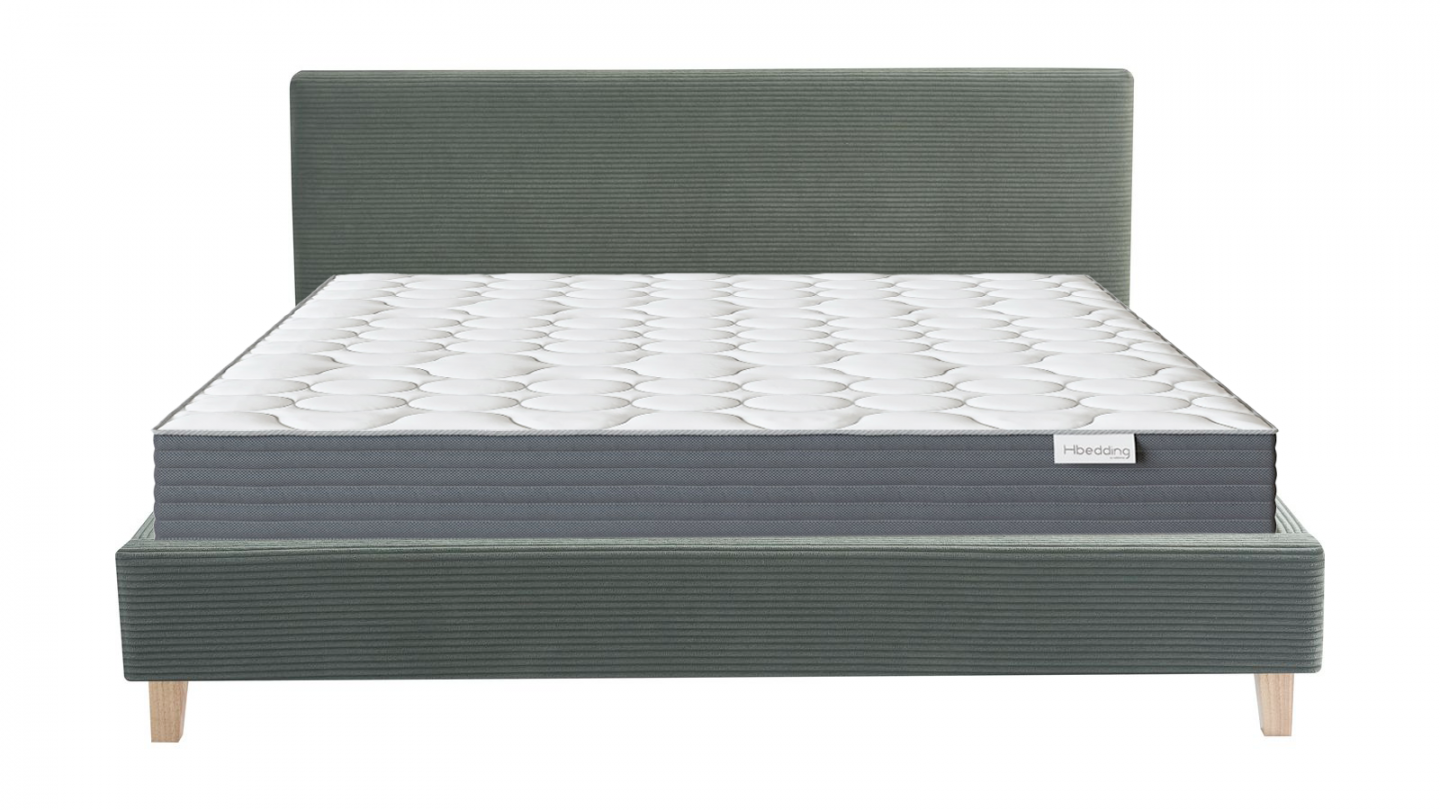 Ensemble Lit adulte 140x190cm avec tête de lit en velours côtelé vert kaki - Milo + Matelas mémoire de forme - Memo HR
