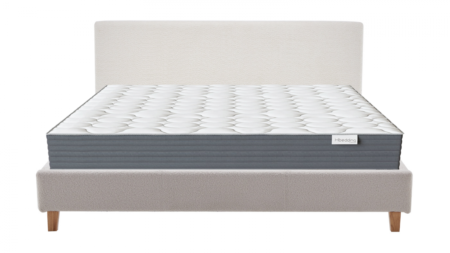 Ensemble Lit adulte 140x190cm avec tête de lit en tissu bouclé beige - Milo + Matelas mémoire de forme - Memo HR
