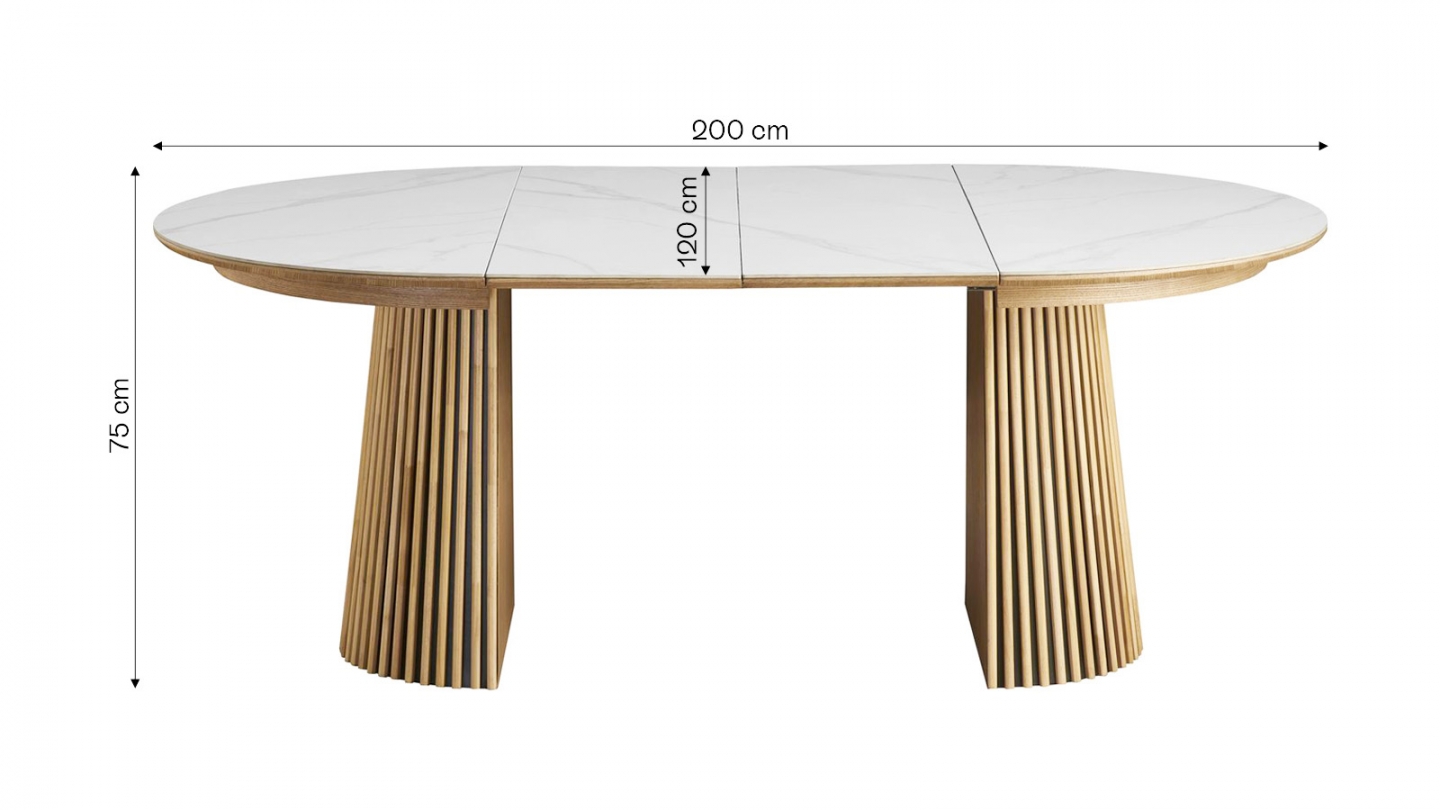 Table à manger ronde extensible plateau en céramique effet marbre et piètement bois clair 4 à 8 pers. 120/200 cm - Ada