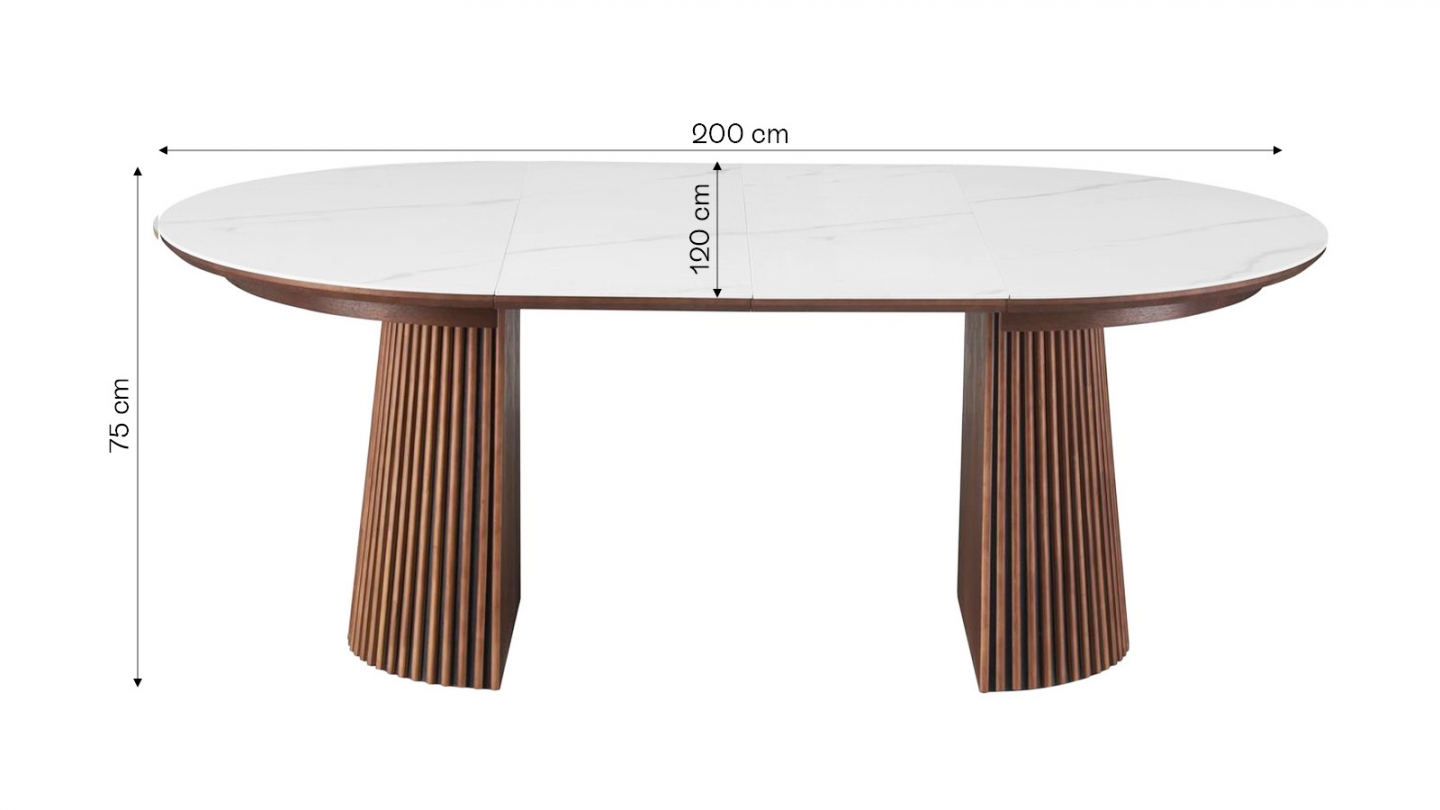Table à manger ronde extensible plateau en céramique effet marbre et piètement en effet noyer 4 à 8 pers. 120/200 cm - Ada