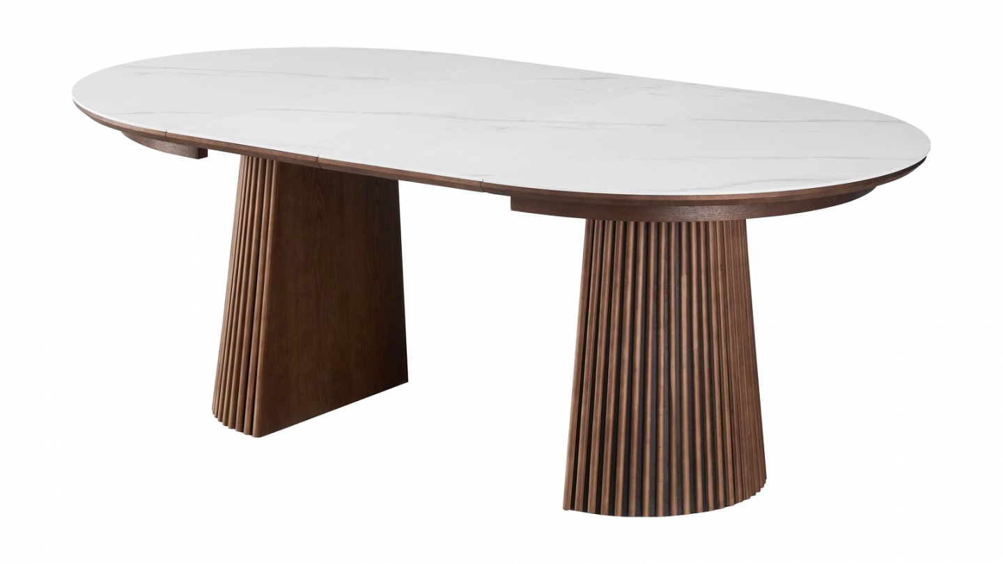 Table à manger ronde extensible plateau en céramique effet marbre et piètement en effet noyer 4 à 8 pers. 120/200 cm - Ada Table à manger ronde extensible plateau en céramique effet marbre et piètement en effet noyer 4 à 8 pers. 120/200 cm - Ada