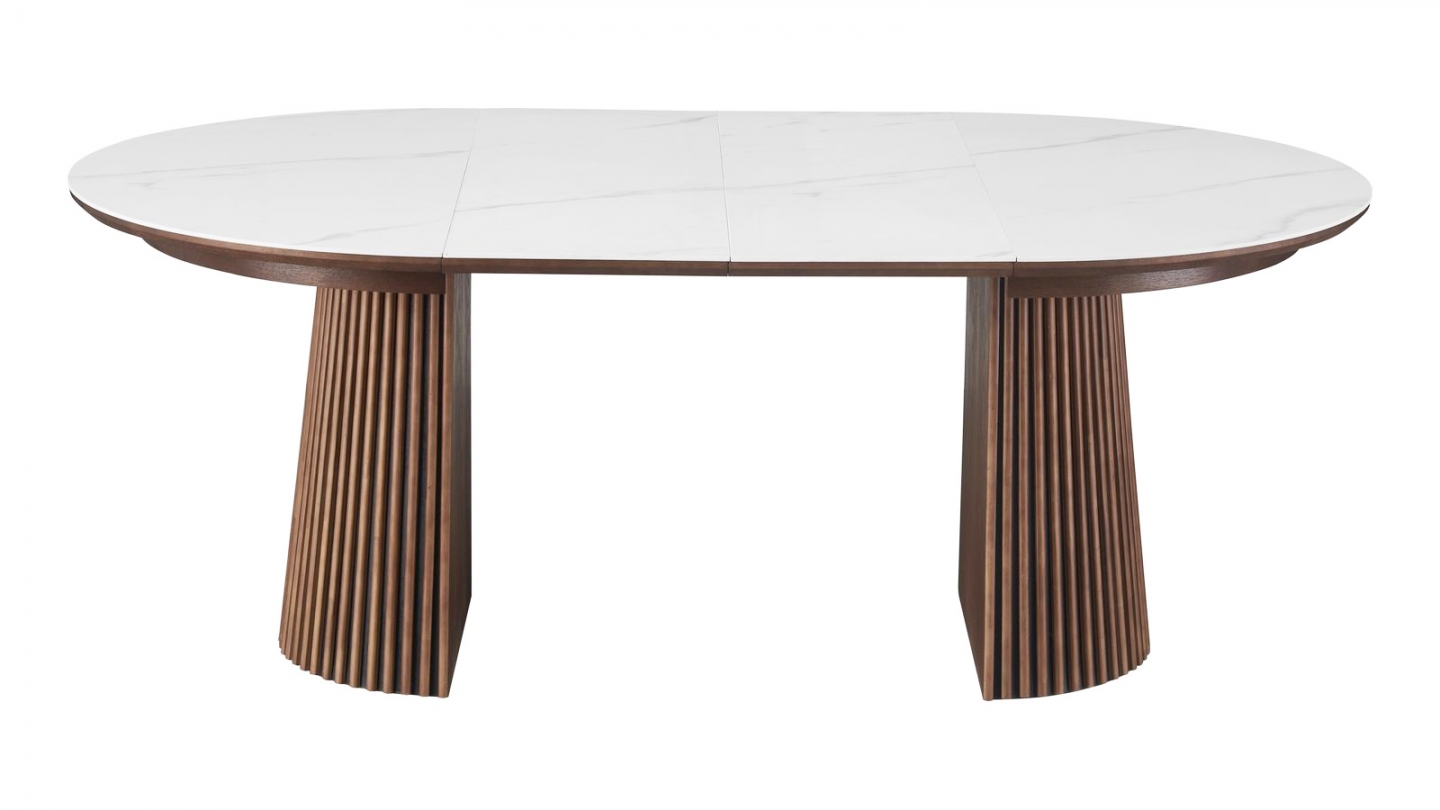Table à manger ronde extensible plateau en céramique effet marbre et piètement en effet noyer 4 à 8 pers. 120/200 cm - Ada