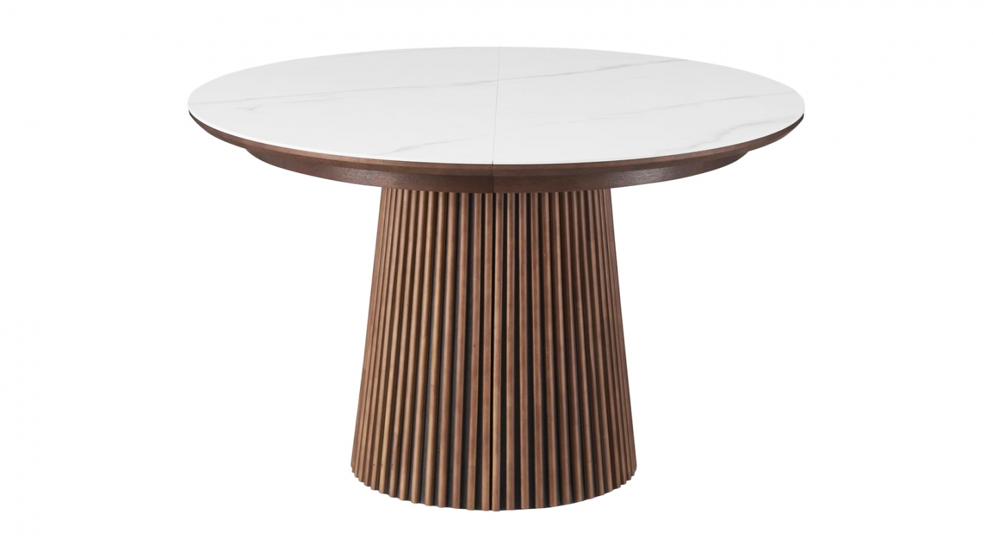 Table à manger ronde extensible plateau en céramique effet marbre et piètement en effet noyer 4 à 8 pers. 120/200 cm - Ada