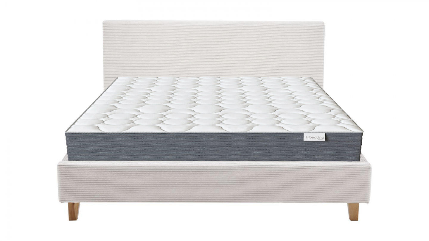 Ensemble Lit adulte 160x200cm avec tête de lit en velours côtelé beige - Milo + Matelas mémoire de forme - Memo HR