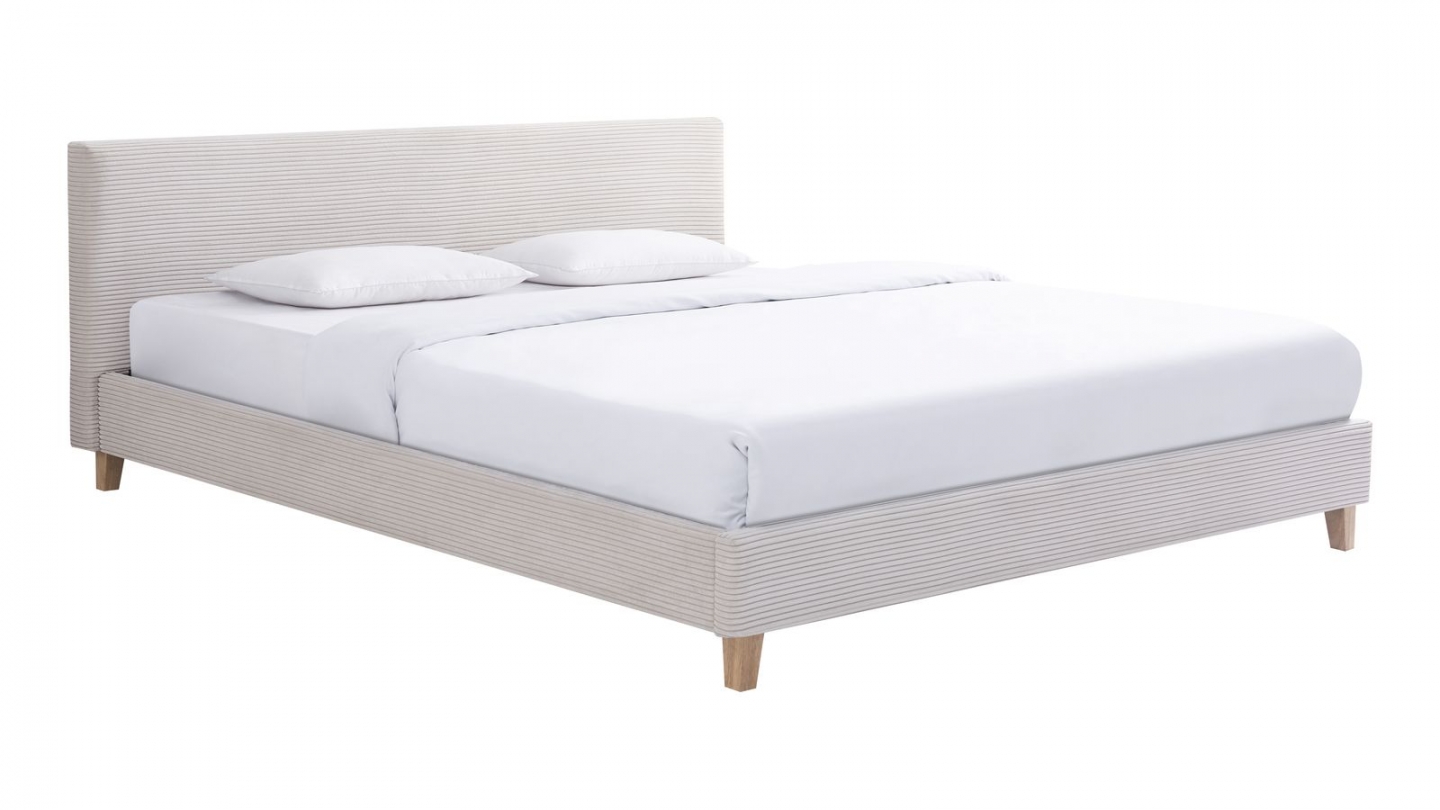 Ensemble Lit adulte 160x200cm avec tête de lit en velours côtelé beige - Milo + Matelas mémoire de forme - Memo HR