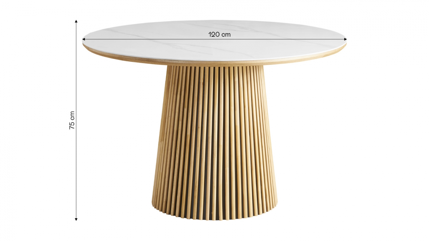 Table à manger ronde plateau en céramique effet marbre et piètement bois clair 5 à 6 pers. 120 cm - Ada