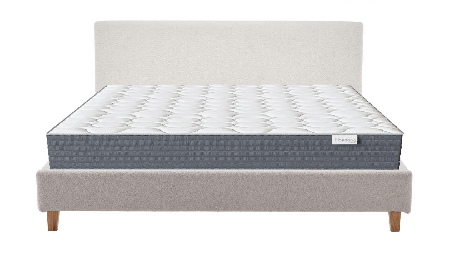 Ensemble Lit adulte 160x200cm avec tête de lit en tissu bouclé beige - Milo + Matelas mémoire de forme - Memo HR