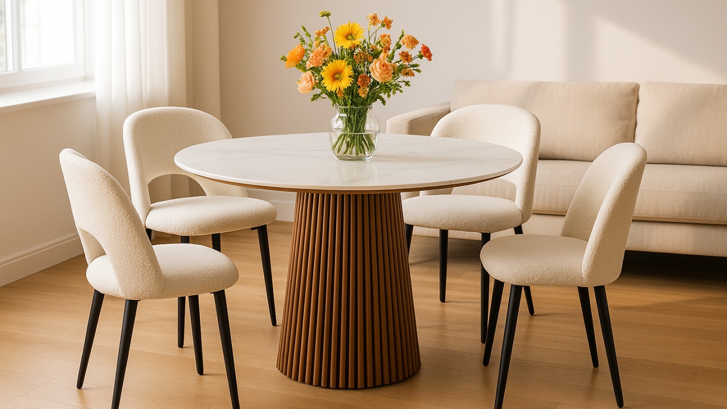 Table à manger ronde plateau en céramique effet marbre et piètement effet noyer 5 à 6 pers. 120 cm - Ada