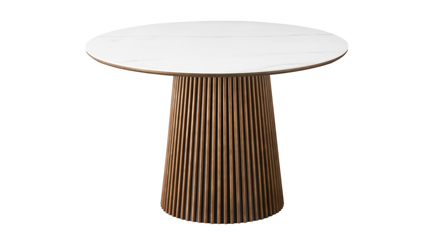 Table à manger ronde plateau en céramique effet marbre et piètement effet noyer 5 à 6 pers. 120 cm - Ada