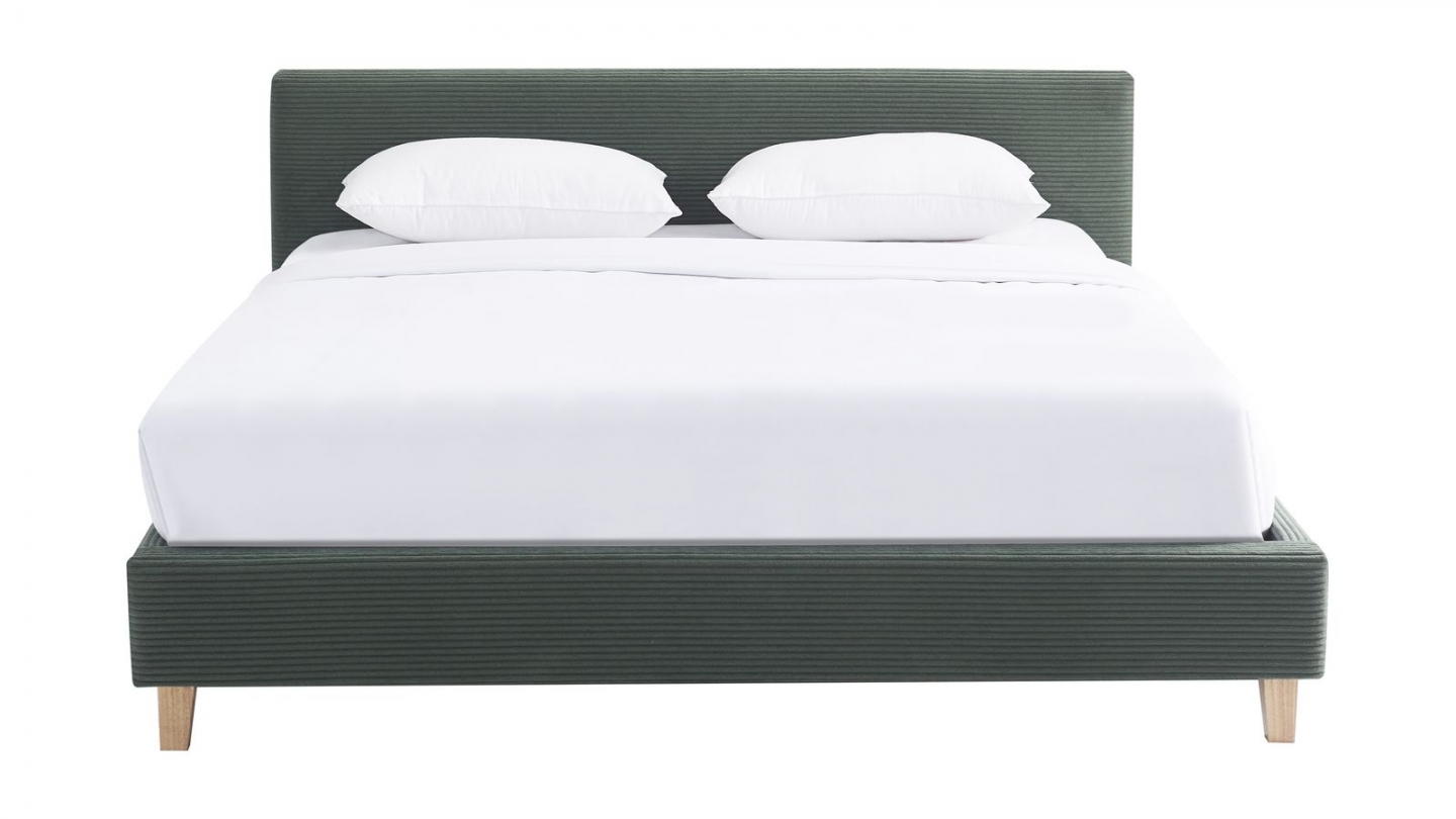 Ensemble Lit adulte 180x200cm avec tête de lit en velours côtelé vert kaki - Milo + Matelas mémoire de forme - Memo HR