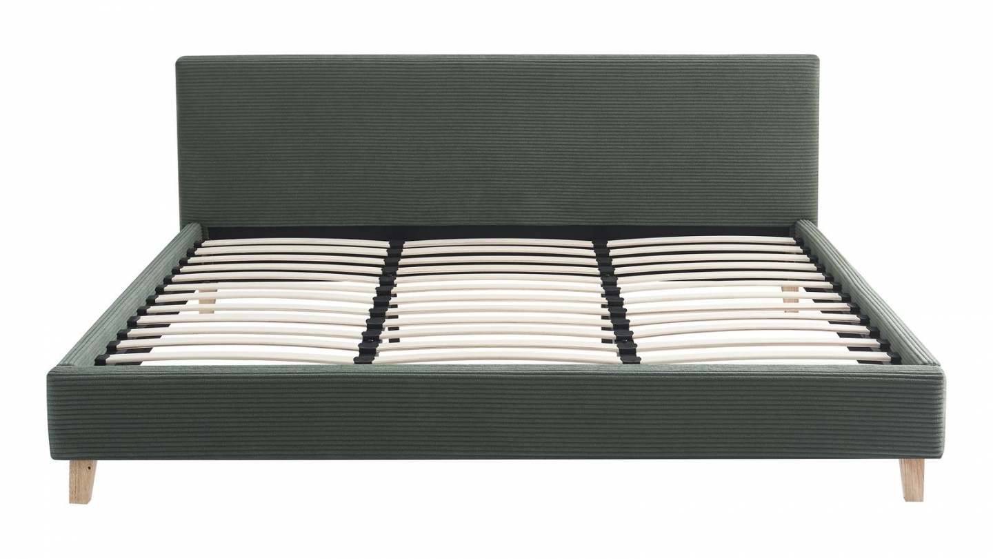 Ensemble Lit adulte 180x200cm avec tête de lit en velours côtelé vert kaki - Milo + Matelas mémoire de forme - Memo HR