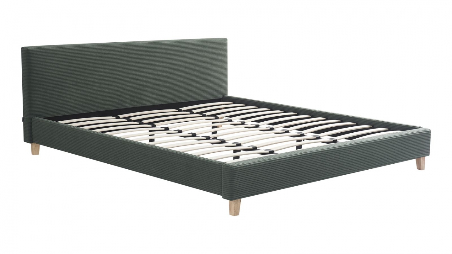Ensemble Lit adulte 180x200cm avec tête de lit en velours côtelé vert kaki - Milo + Matelas mémoire de forme - Memo HR