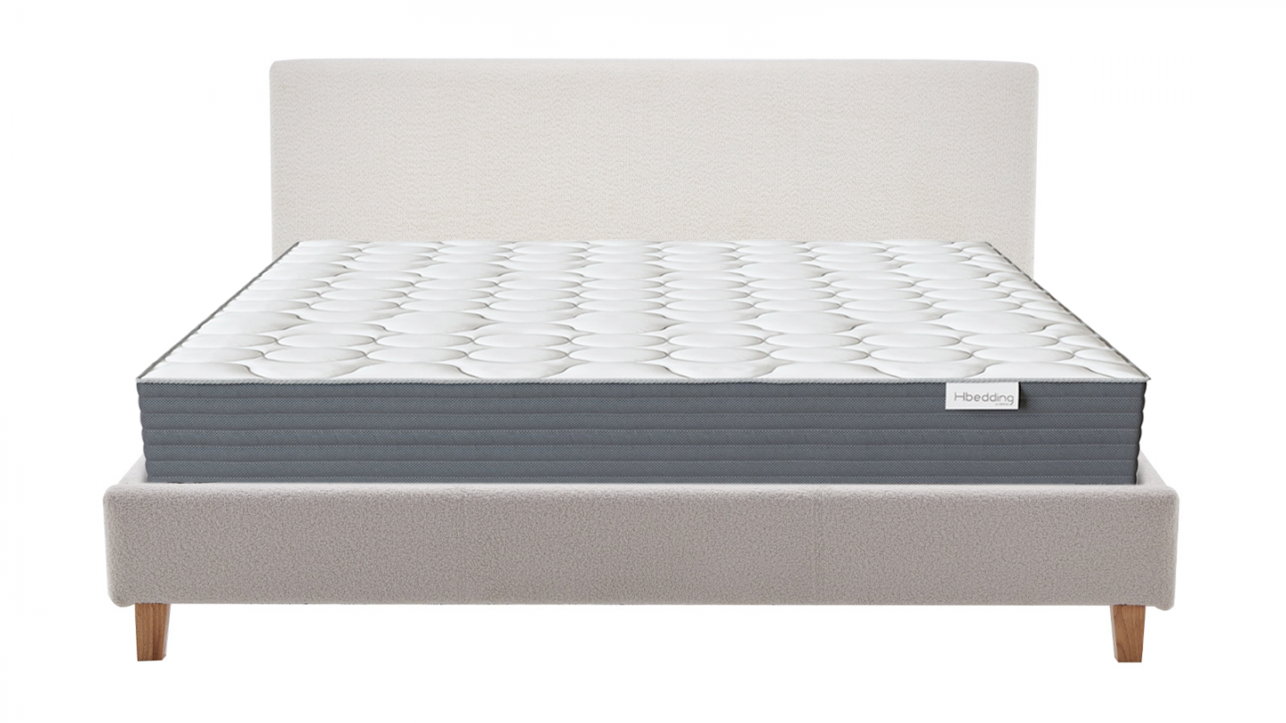 Ensemble Lit adulte 180x200cm avec tête de lit en tissu bouclé beige - Milo + Matelas mémoire de forme - Memo HR