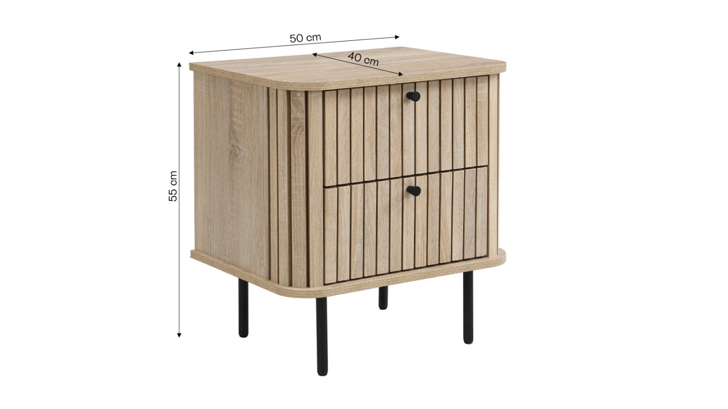 Table de chevet 2 tiroirs rainurés couleur chêne L50xH55 cm - Solna