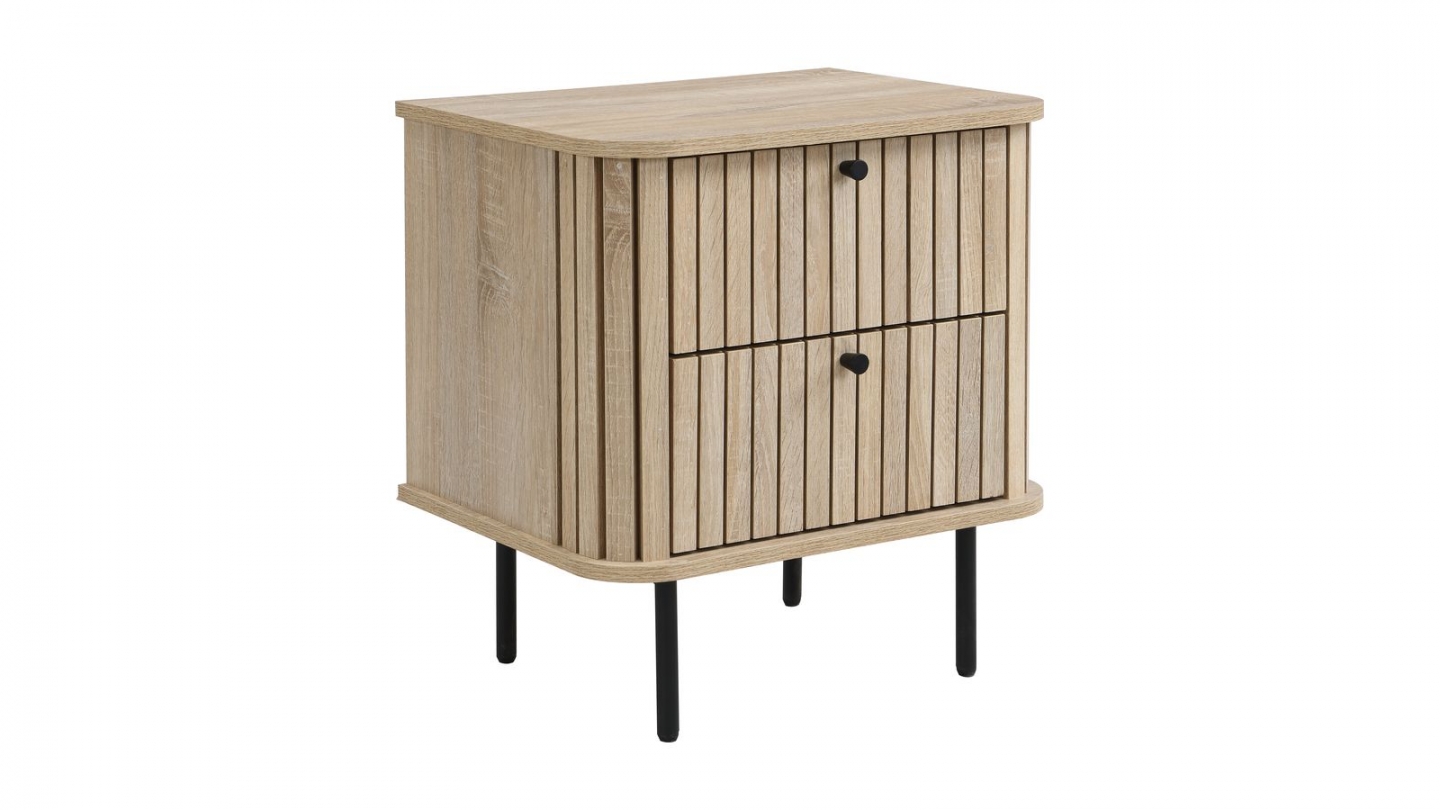 Table de chevet 2 tiroirs rainurés couleur chêne L50xH55 cm - Solna