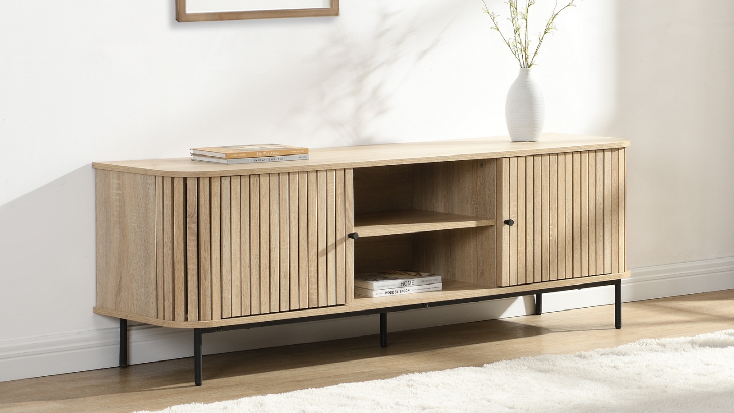 Meuble TV 2 portes rainurées couleur chêne L160xH55 cm - Solna