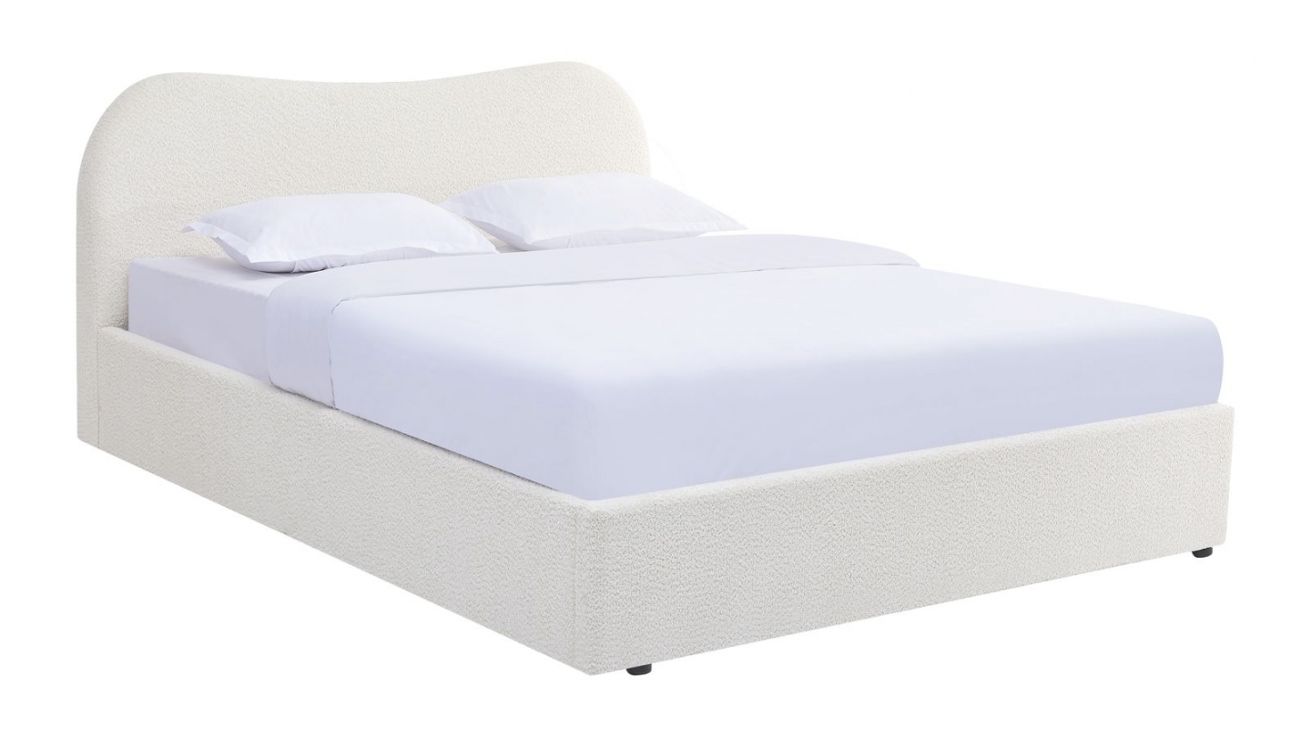 Lit coffre adulte 140x190 cm avec tête le lit arrondie en tissu bouclé beige - Suzon