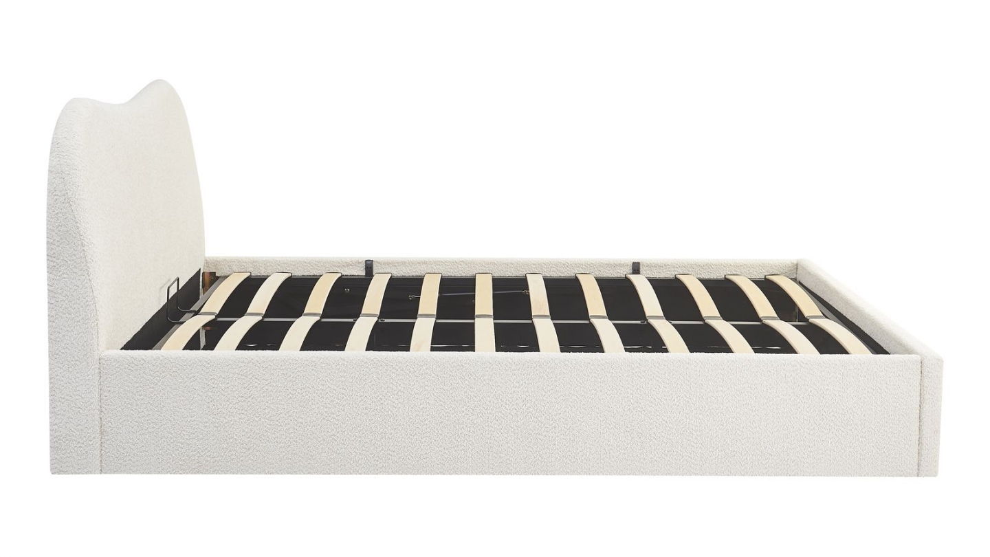 Lit coffre adulte 140x190 cm avec tête le lit arrondie en tissu bouclé beige - Suzon